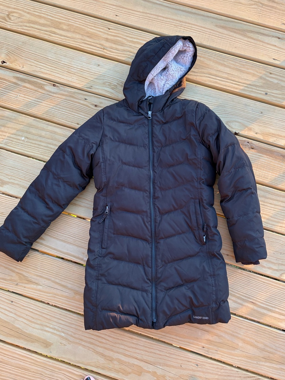 Girls Lands End long parka coat size 10-12 black excellent condition